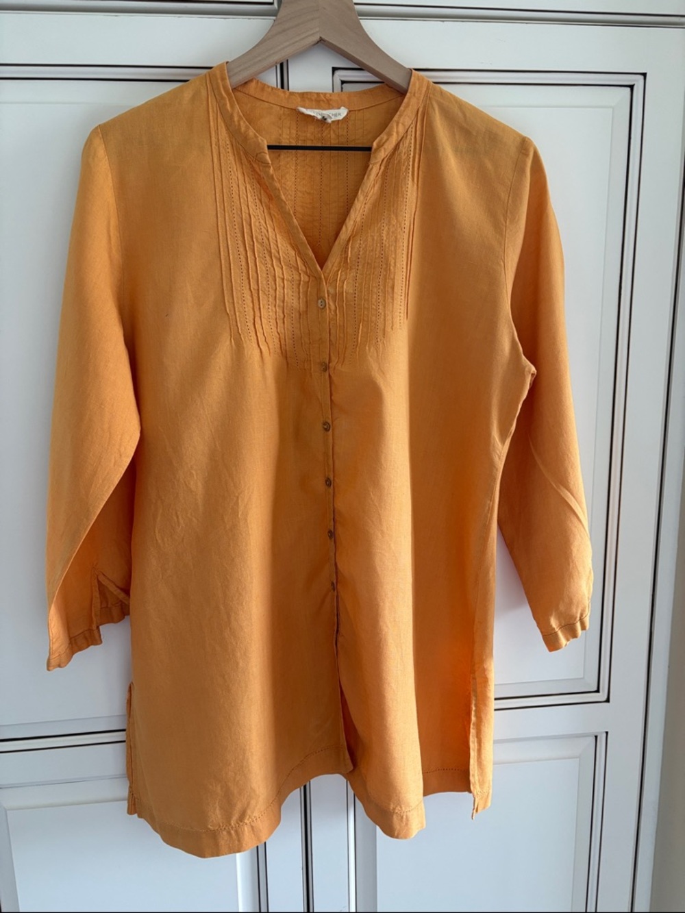 Eileen Fisher Irish Linen 3/4 Sleeve Button Shirt Travel‎ Orange Womens Medium